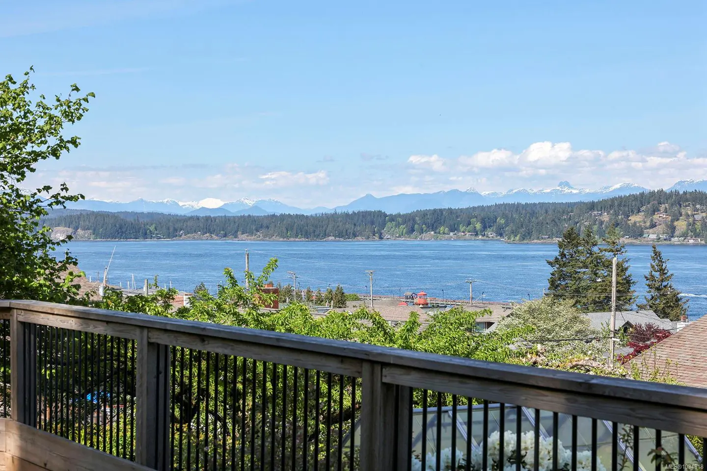 View from a deck with a black railing overlooking a blue ocean, green islands, and snow-capped mountains under a blue sky.