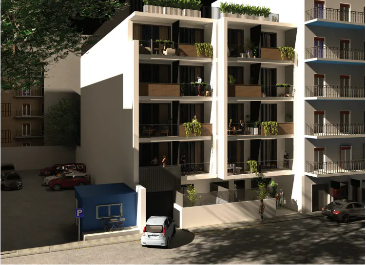 Exterior view of a modern apartment building with balconies, parking lot, and blue parking attendant booth.