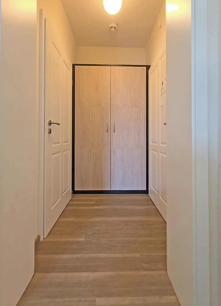 Hallway with light wood floors, white walls, and a large closet with light wood doors and a black frame at the end.