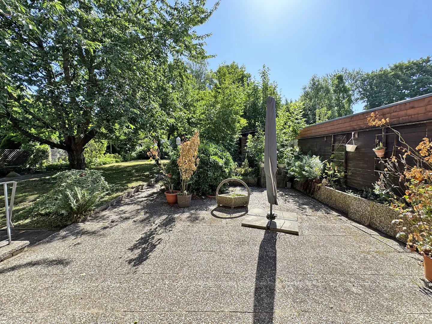 A sunny stone patio with a closed grey umbrella, potted plants, and a wooden fence, bordered by lush green trees.