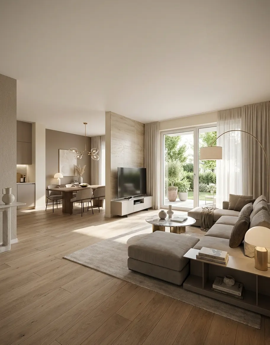 Open-concept living space with a gray sectional sofa, TV, dining table, and a view of the green backyard.