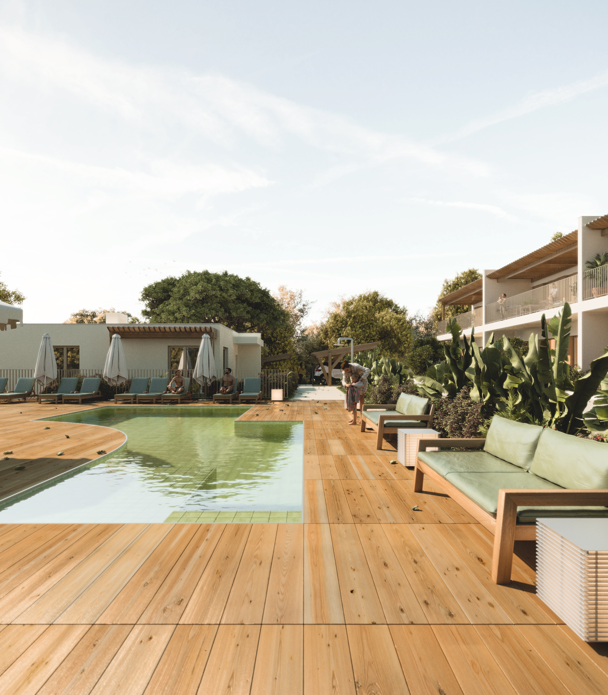 A wooden deck surrounds a swimming pool with lounge chairs, umbrellas, and modern buildings set against lush green trees. [AI-generated text] [AI-modified]