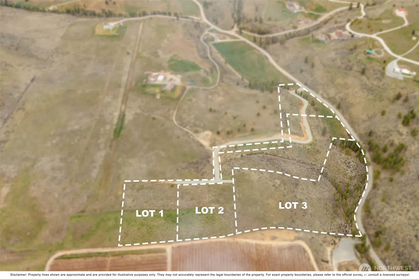 Aerial view of three adjacent land lots, marked "LOT 1," "LOT 2," and "LOT 3," in a rural, hilly area with scattered trees and houses.
