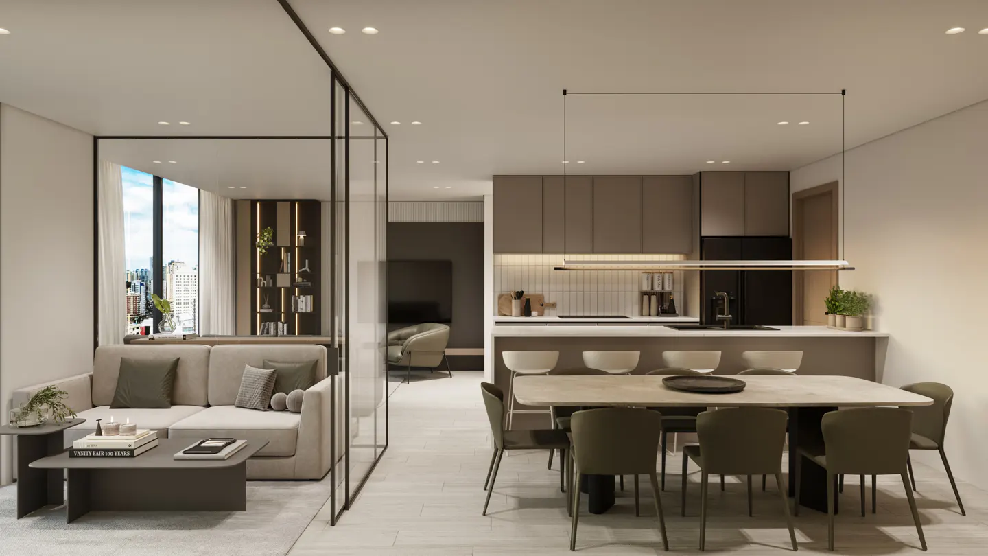 A modern apartment interior featuring a living room with a beige sofa, a dining area with a table and chairs, and a kitchen with gray cabinets.