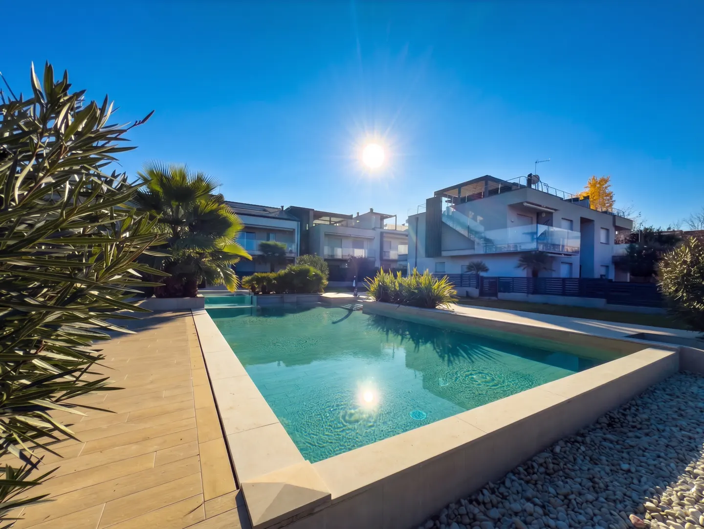 A rectangular pool with turquoise water sits in front of modern, multi-story buildings under a bright blue sky. Palm trees and greenery surround the pool.