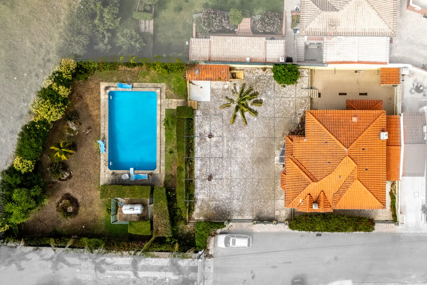 Aerial view of a property with a blue pool, orange roof, palm tree, and green landscaping.