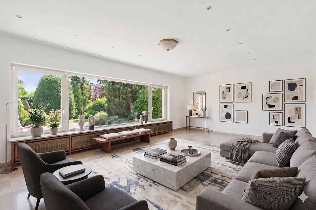 Bright living room with a gray sectional, chairs, and a marble coffee table on a patterned rug. A large window overlooks a lush green garden.