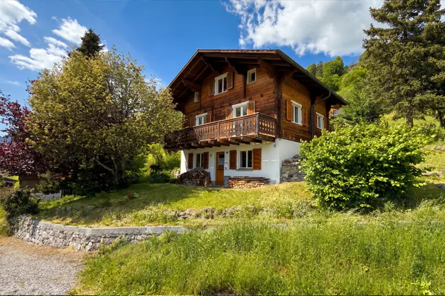 Two-story brown wood chalet with a balcony, white trim, and a green lawn under a blue sky.