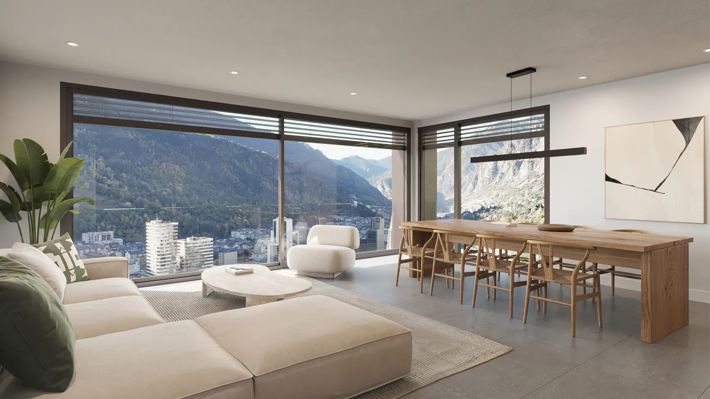 Bright, modern living room with a beige sectional sofa, wood dining table, and mountain view through large windows.