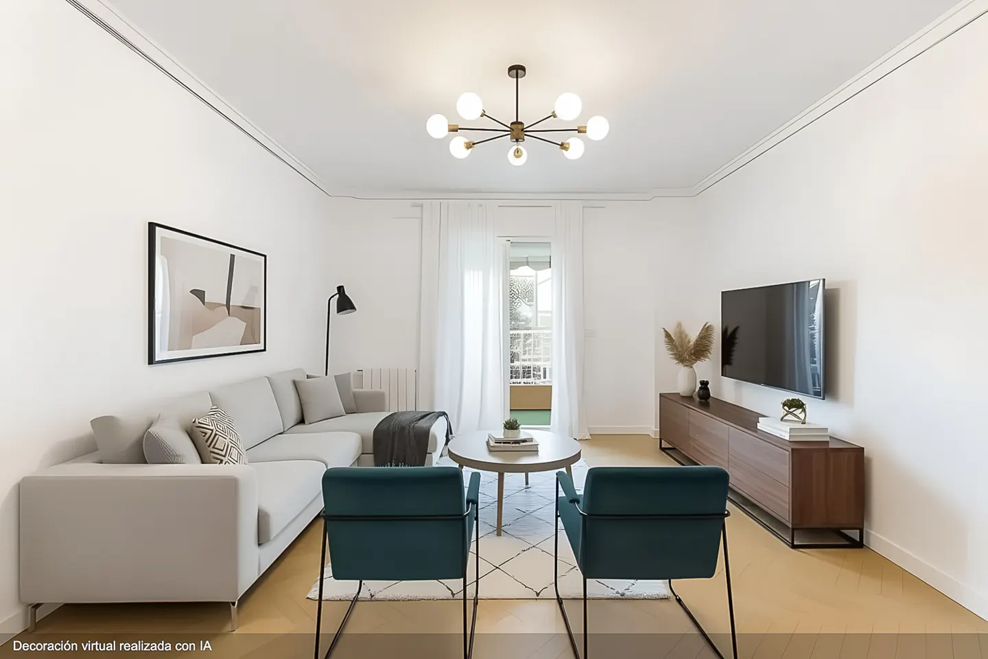 Bright living room with a gray sectional sofa, two teal chairs, a round coffee table, and a TV on a wooden console.