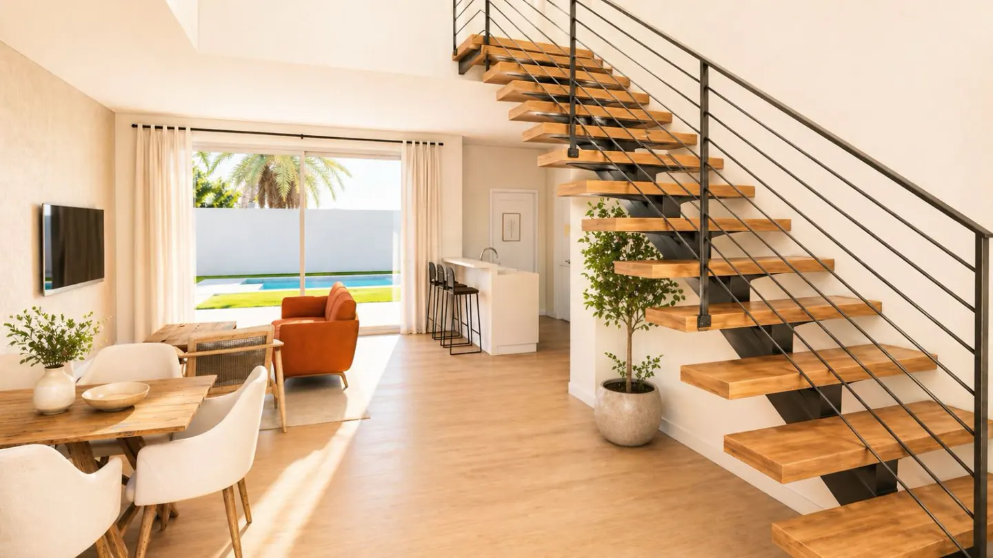 Bright living room with wood floors, dining table, orange sofa, and open staircase with black railings. Pool visible through sliding glass doors.