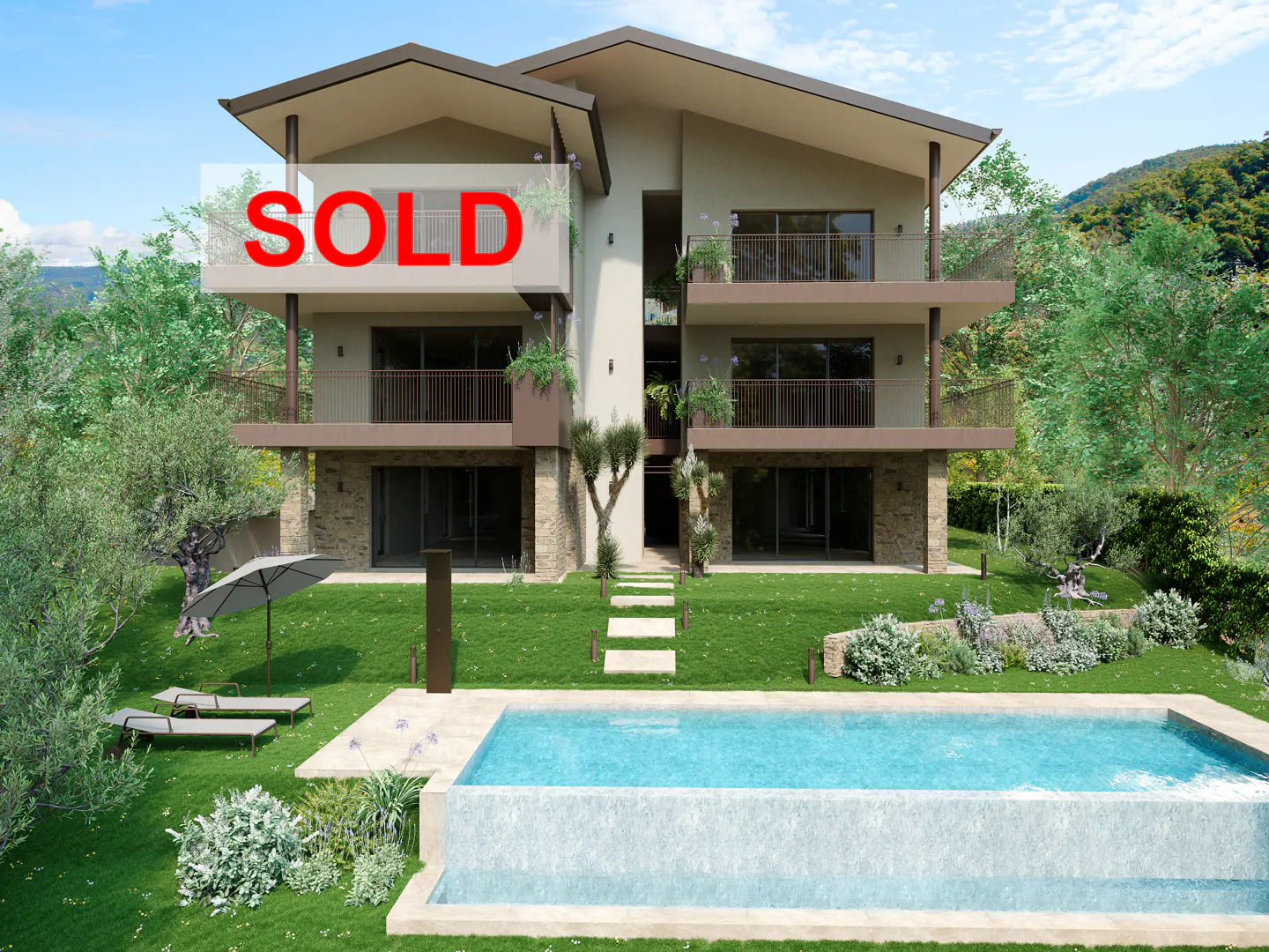 Modern three-story apartment building with a pool, lounge chairs, and a large red "SOLD" sign on the balcony.