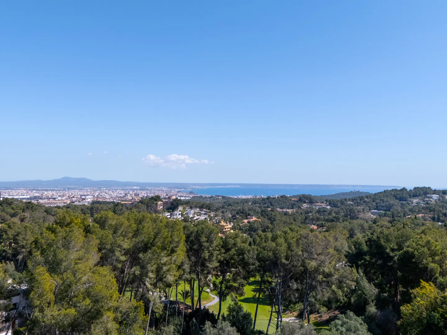 Scenic view of a green golf course surrounded by trees, with a city and ocean in the background under a clear blue sky.