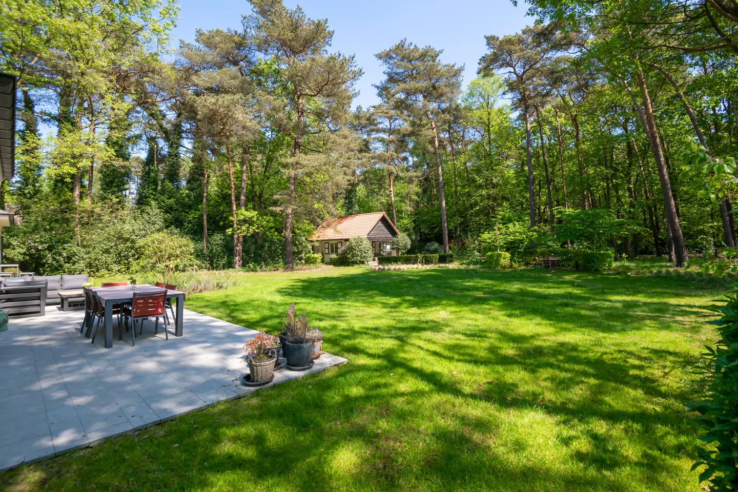 A backyard patio with a table, chairs, and a gray sofa overlooks a large green lawn and a small house surrounded by tall trees.