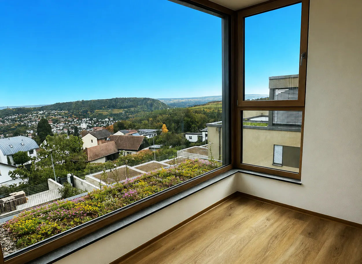 A bright room with wood floors and a large window showing a town and green hills under a blue sky.