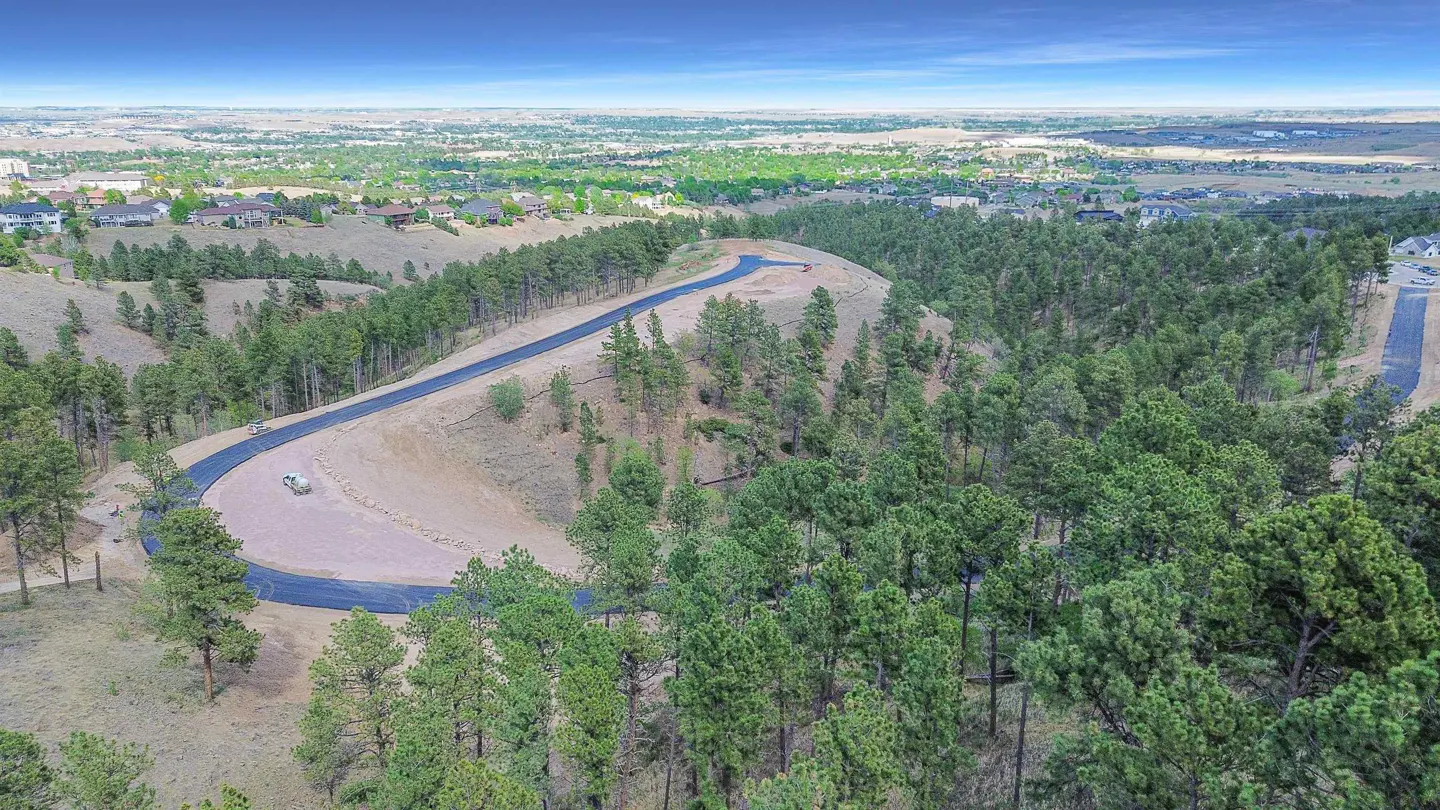 Aerial view of a winding paved road through a pine forest on a hillside, overlooking a distant suburban neighborhood.