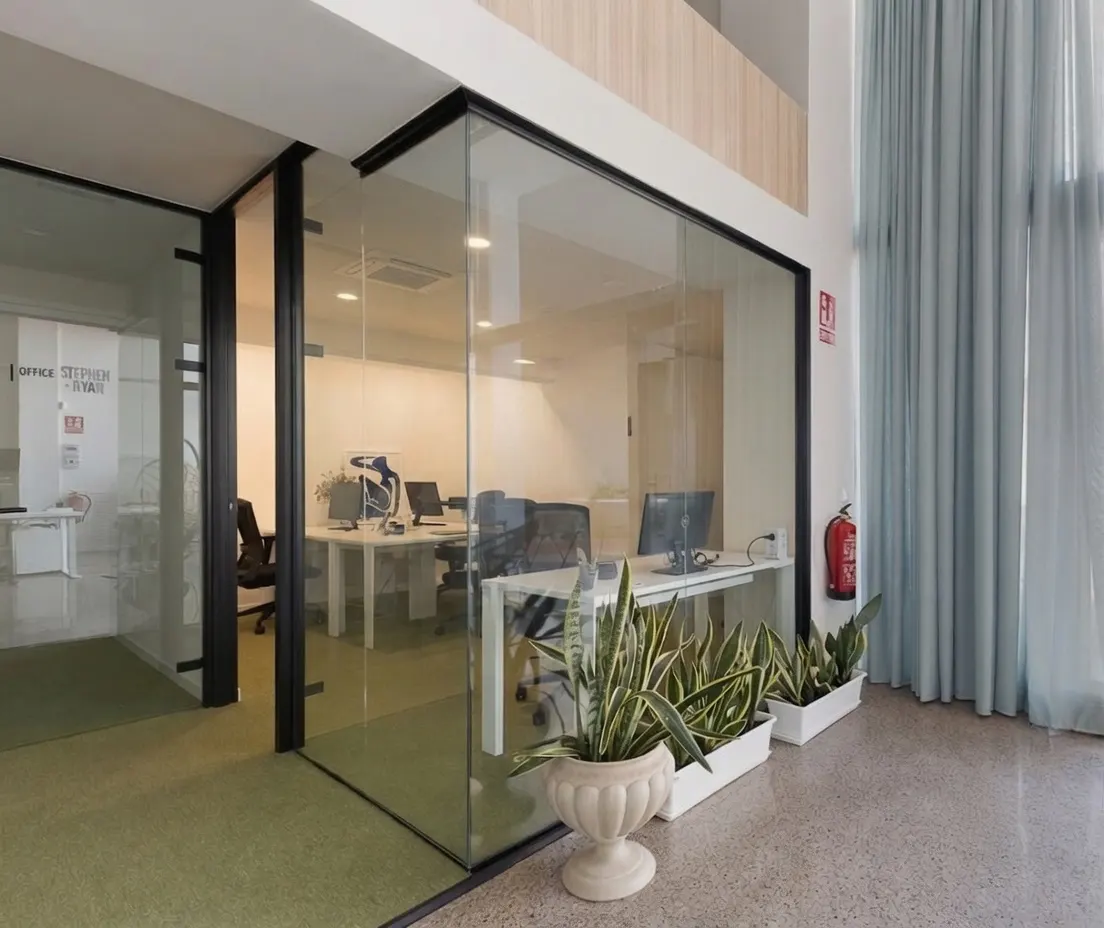 Modern office with glass-walled cubicles, white desks, computers, and potted snake plants on a speckled floor.
