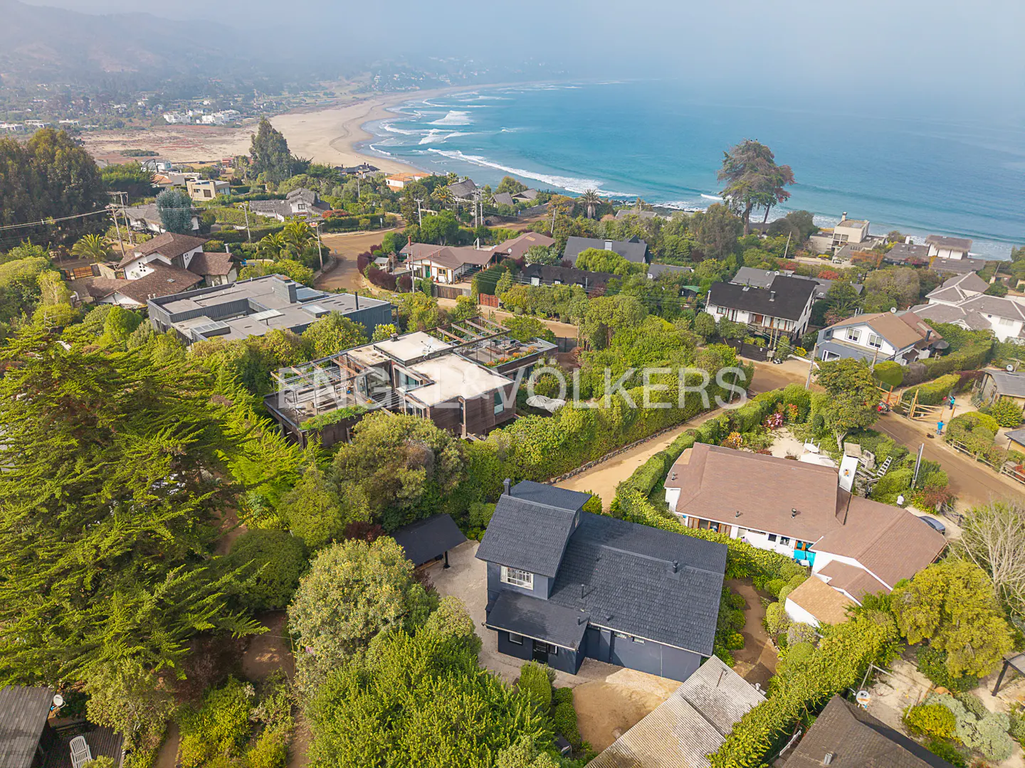 Aerial view of a dark gray two-story house with a black roof, surrounded by green trees, near a sandy beach and blue ocean.