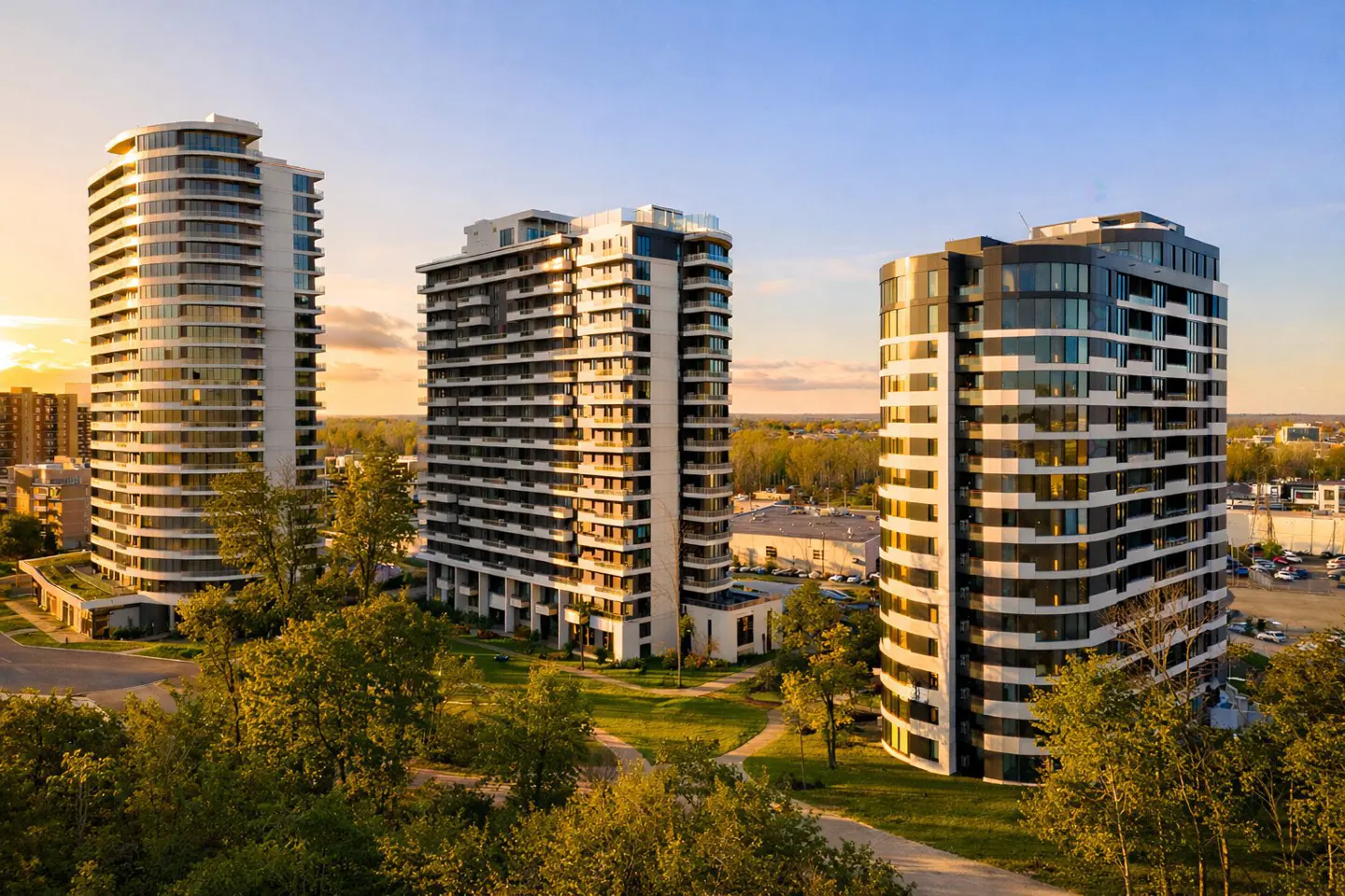 Three modern high-rise apartment buildings with glass windows, seen from a park with green trees at sunset.