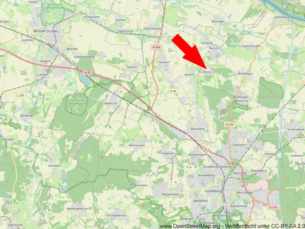 Map of Lüneburg area, Germany, with St. Dionys pointed out by a red arrow. Roads, towns, and green spaces are visible.
