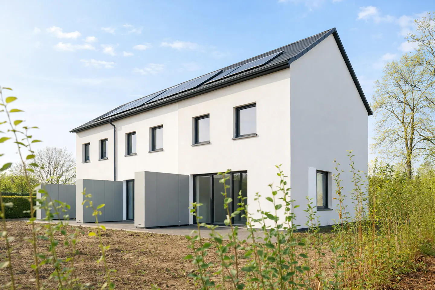 Exterior of a modern white townhouse with solar panels on a dark gray roof. Gray privacy screens are on the patio.