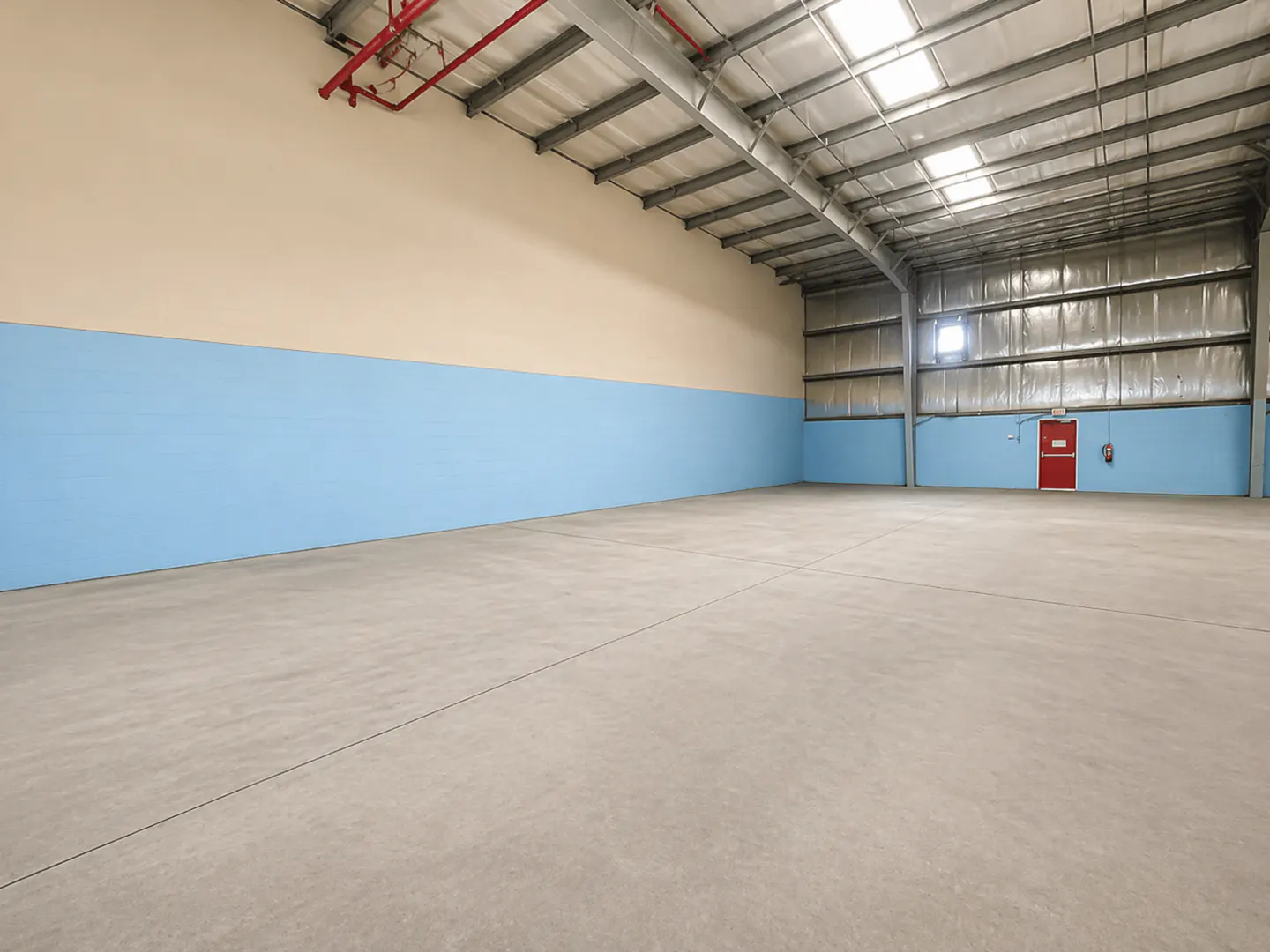 Empty warehouse interior with concrete floor, blue and beige walls, metal ceiling, and red pipes and door.