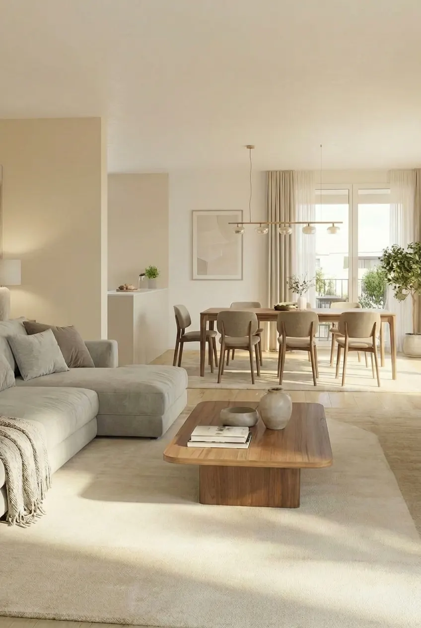 Bright, open-plan living and dining area with a gray sectional sofa, wooden coffee table, and dining table with six chairs. Large windows with sheer curtains.