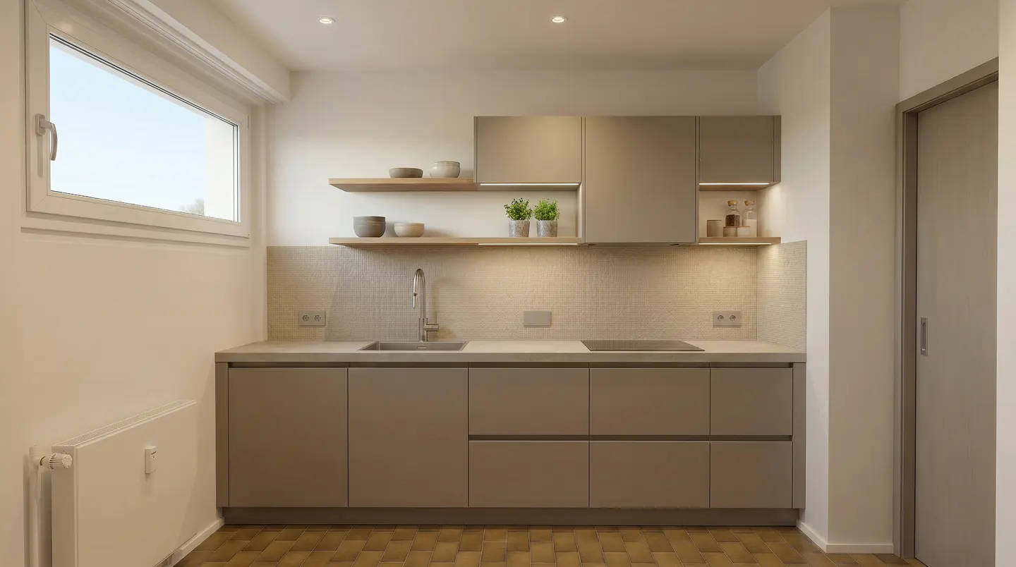 A modern kitchen with gray cabinets, light wood shelves, and a stainless steel sink. A white window is on the left, and a gray door is on the right.