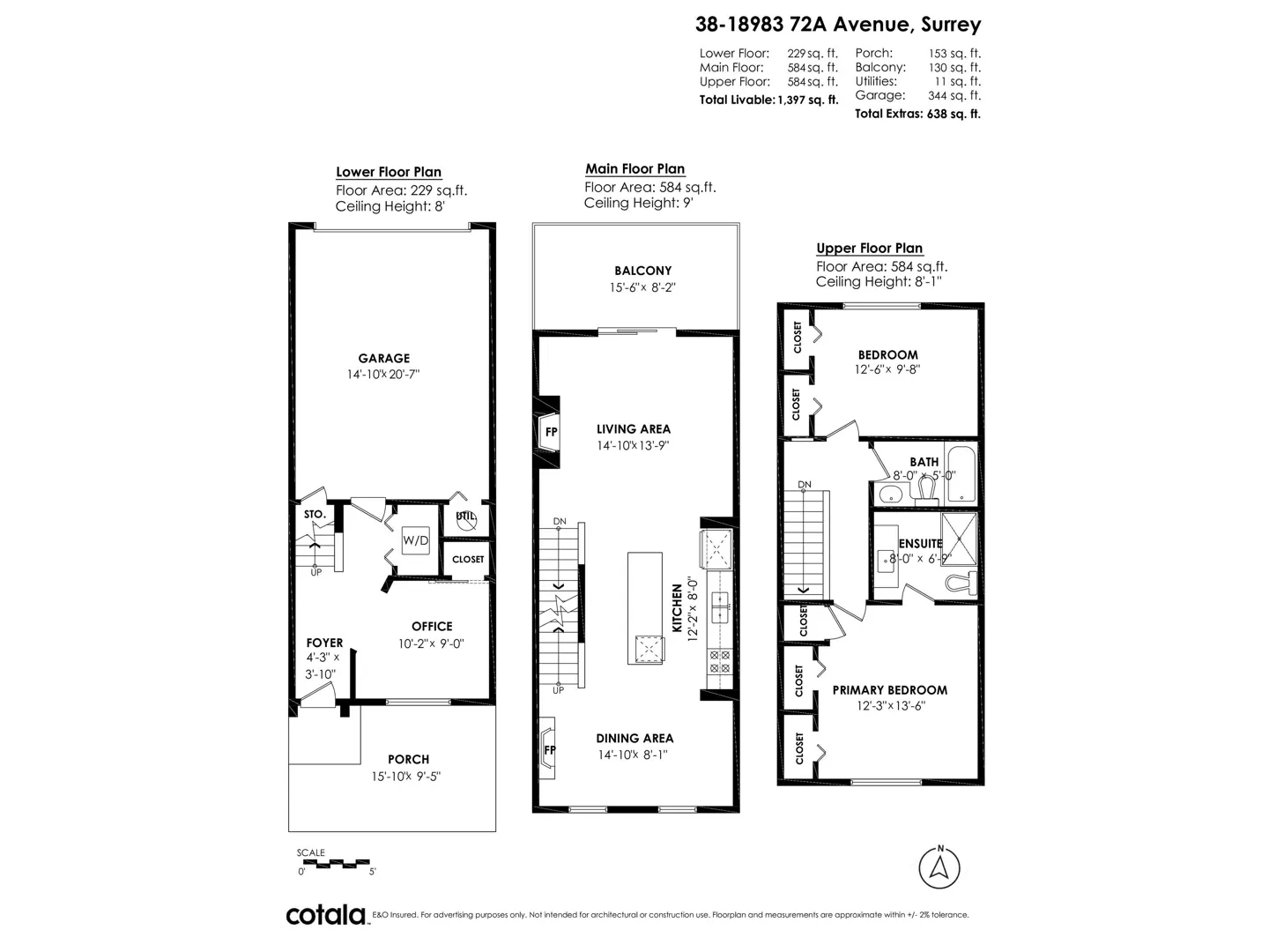 Floor plan for 38-18983 72A Avenue, Surrey, showing lower, main, and upper levels with room dimensions and total square footage.