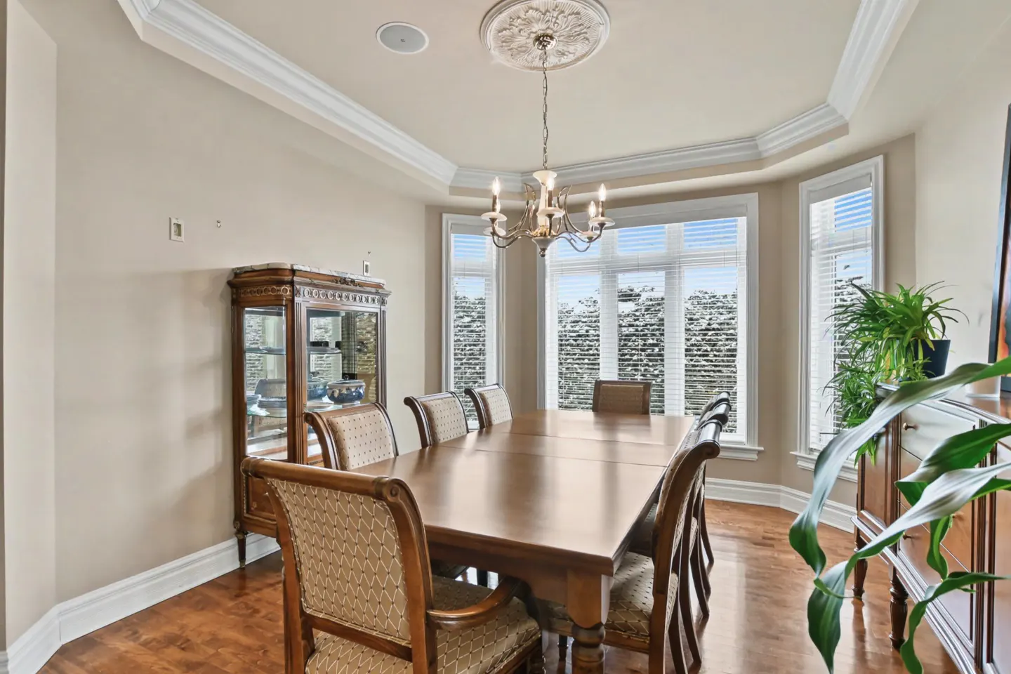 A dining room with a wooden table, chairs, a chandelier, and a china cabinet.