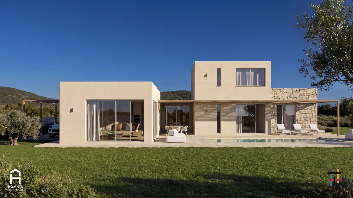 Modern beige house with a pool, patio furniture, and large windows under a clear blue sky.