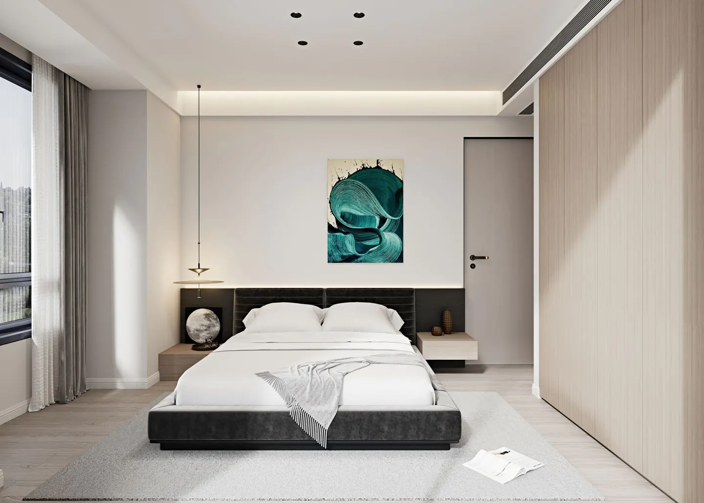 A modern bedroom with a gray bed frame, white linens, and a teal abstract painting above the headboard. A globe sits on a side table.