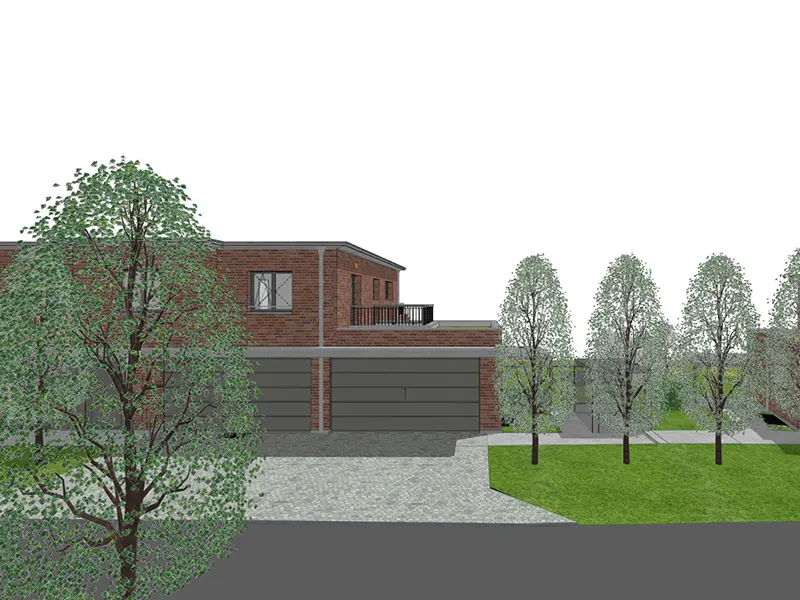Brick house with two garage doors and a balcony, viewed from the street. Trees line the lawn.