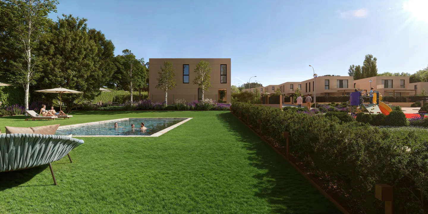 Modern homes with a pool, playground, and green lawn under a blue sky. People are swimming and relaxing.
