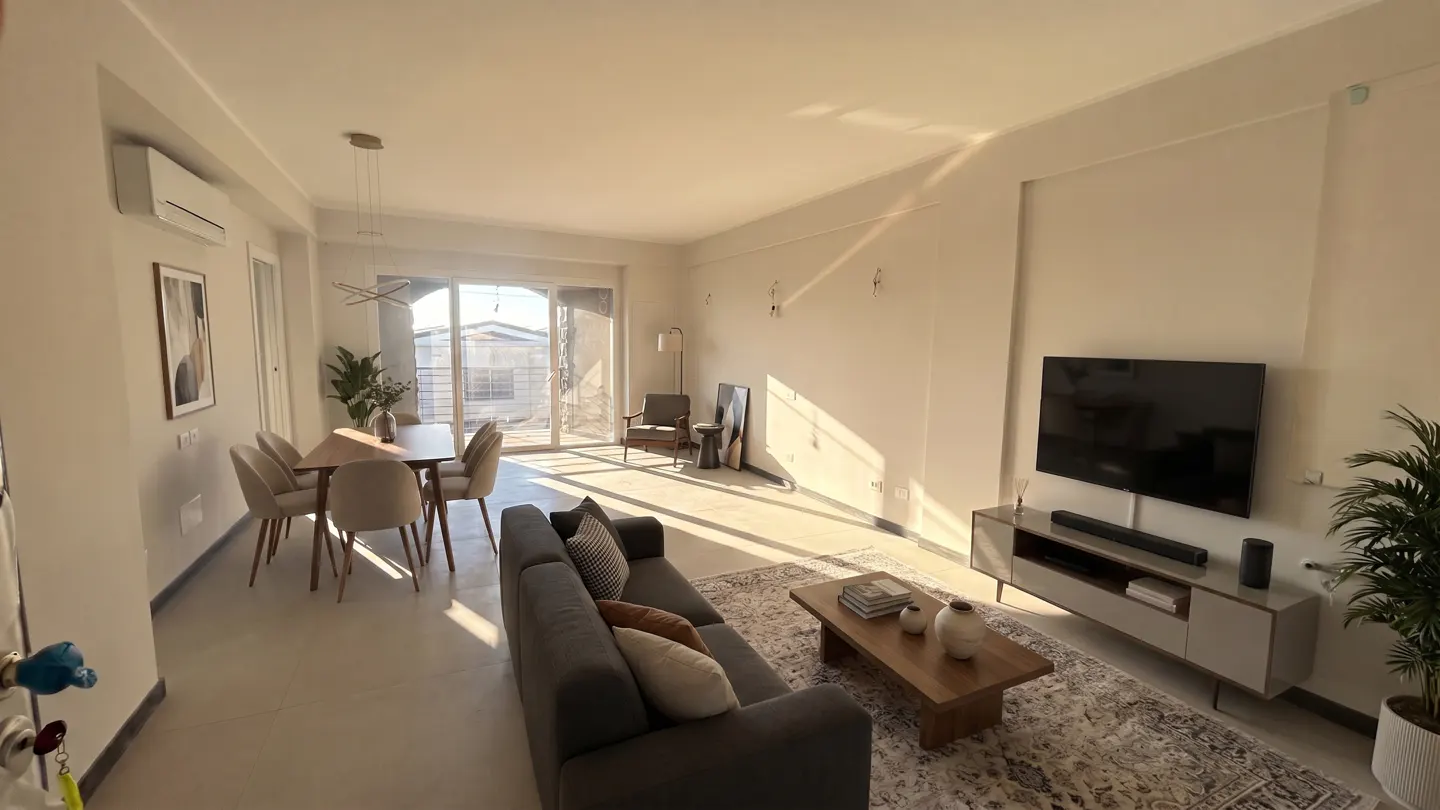 Bright, modern living room with a gray sofa, wood coffee table, and dining set. Sunlight streams through sliding glass doors.