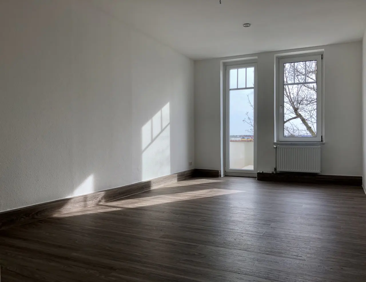 Empty room with white walls, dark wood-look flooring, a glass door to a balcony, and a window with a view of bare trees.