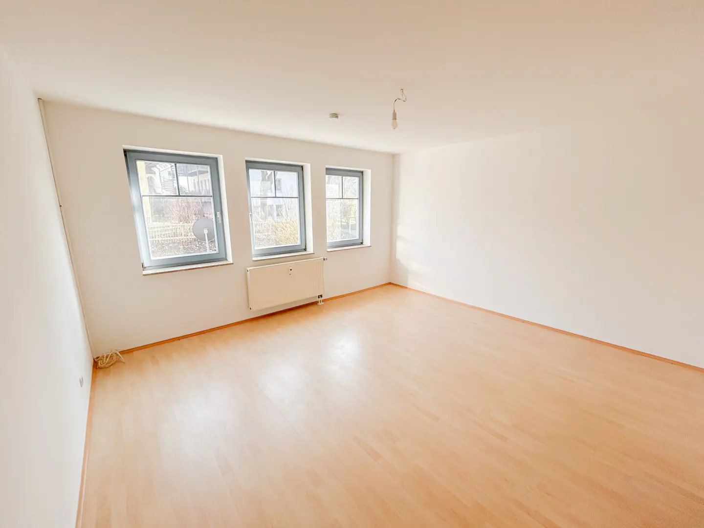 Empty room with light wood flooring, white walls, three windows, and a white radiator under the center window.