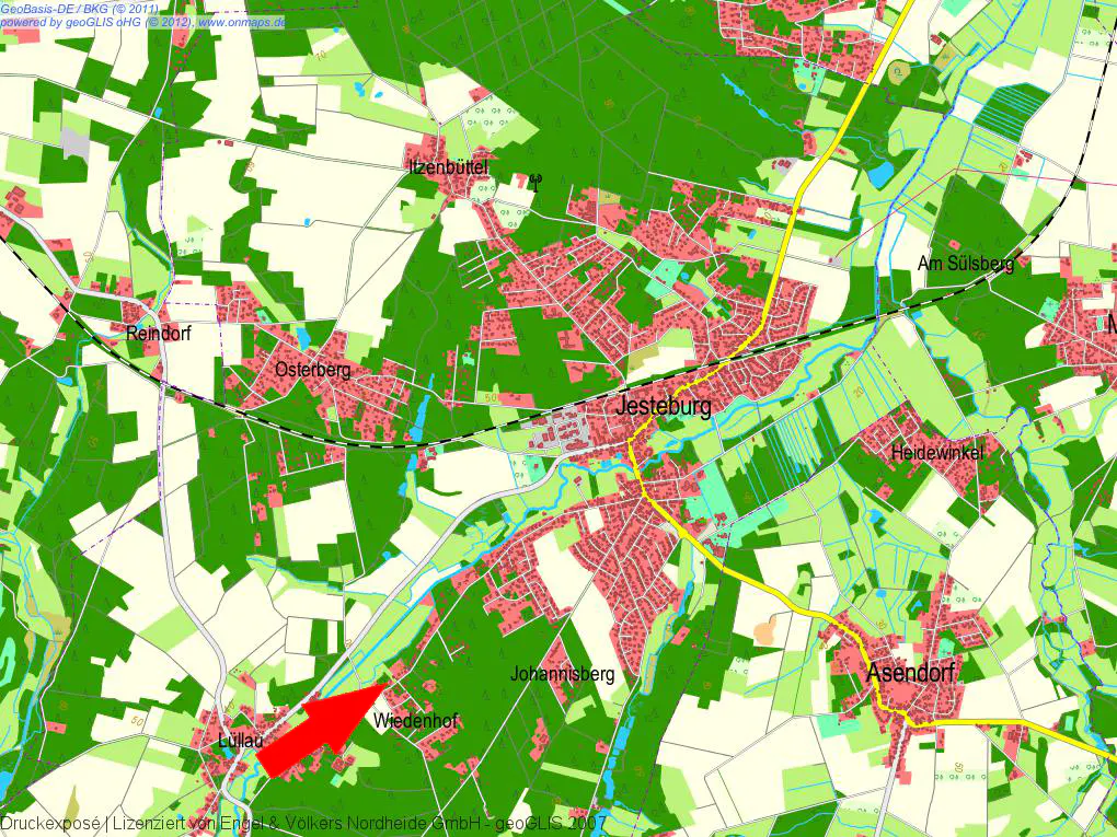Map of Jesteburg area, Germany, with green forests, fields, and red residential areas. A red arrow points to "Wiedenhof" location.