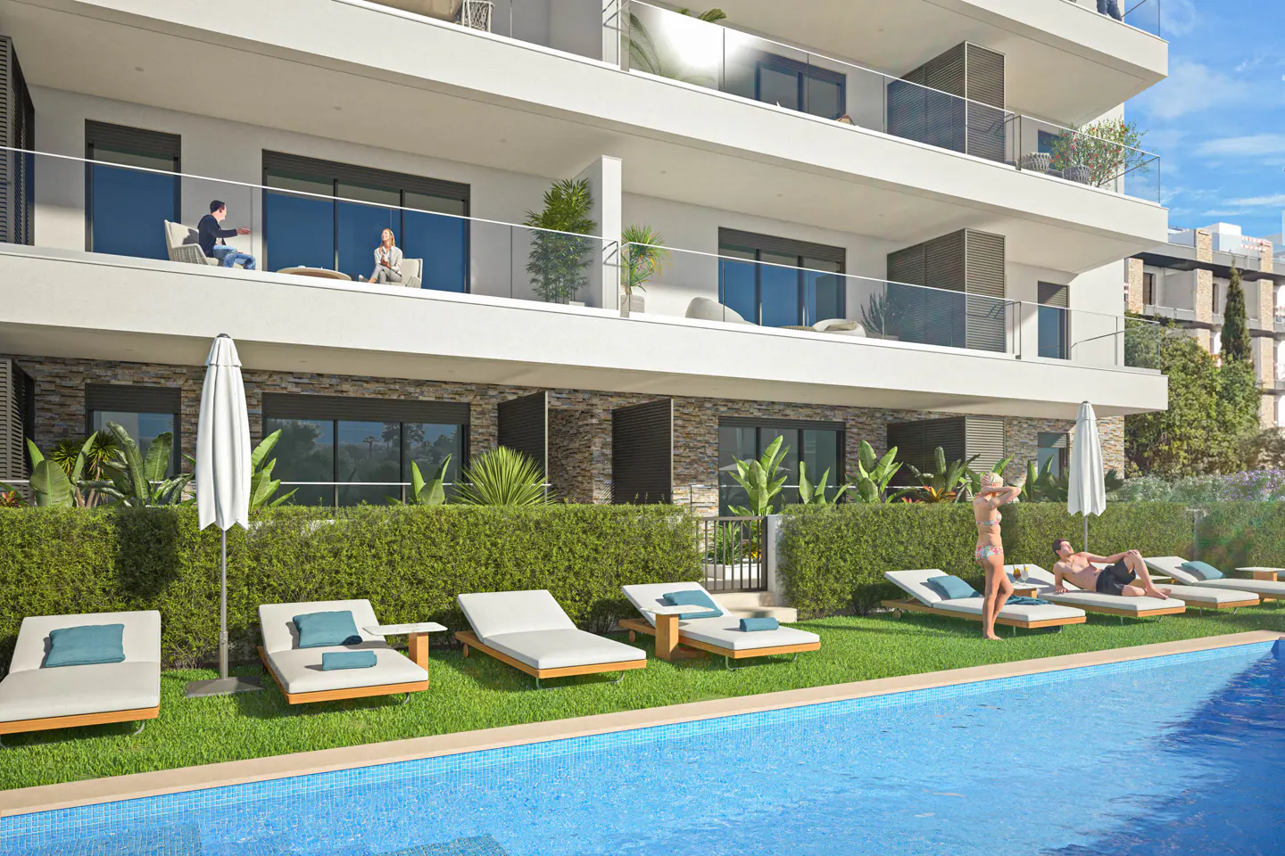 Modern white apartment building with a pool. People relax on balconies and lounge chairs by the blue pool.