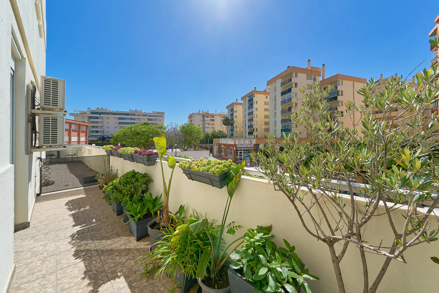 A sunny balcony with potted plants and a view of apartment buildings under a clear blue sky.
