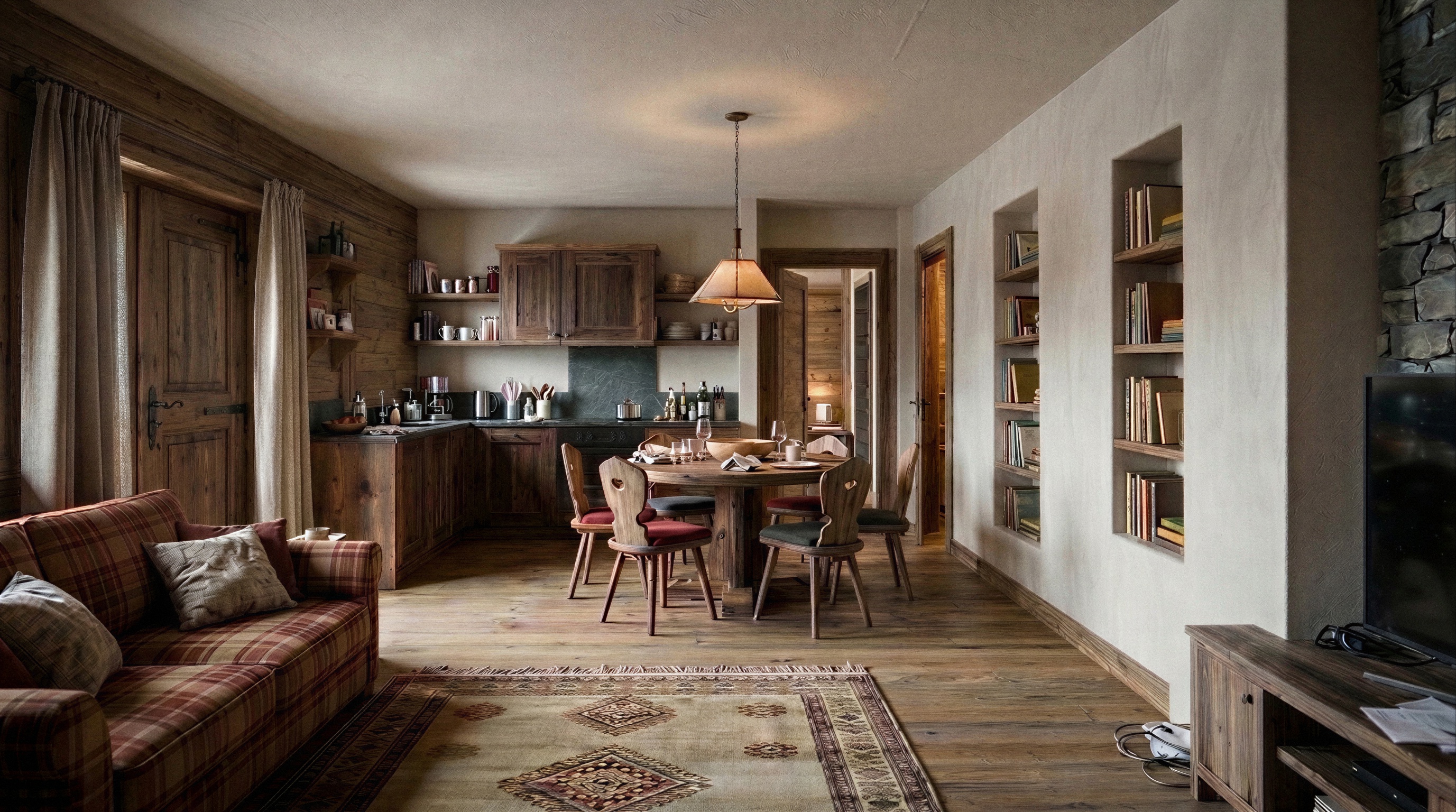Rustic open-plan living area with a plaid sofa, wooden dining set, kitchen, and built-in bookshelves on a white wall. [AI-generated text]