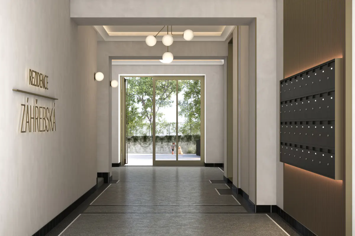 Hallway of Rezidence Zahrebska with mailboxes, lights, and a view to the outside. A child and dog are visible outside.
