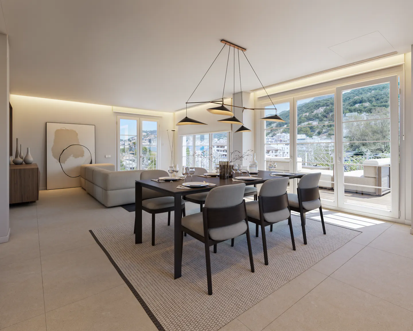Bright, modern dining room with a dark wood table, gray chairs, and a unique chandelier. Large windows offer a scenic view.
