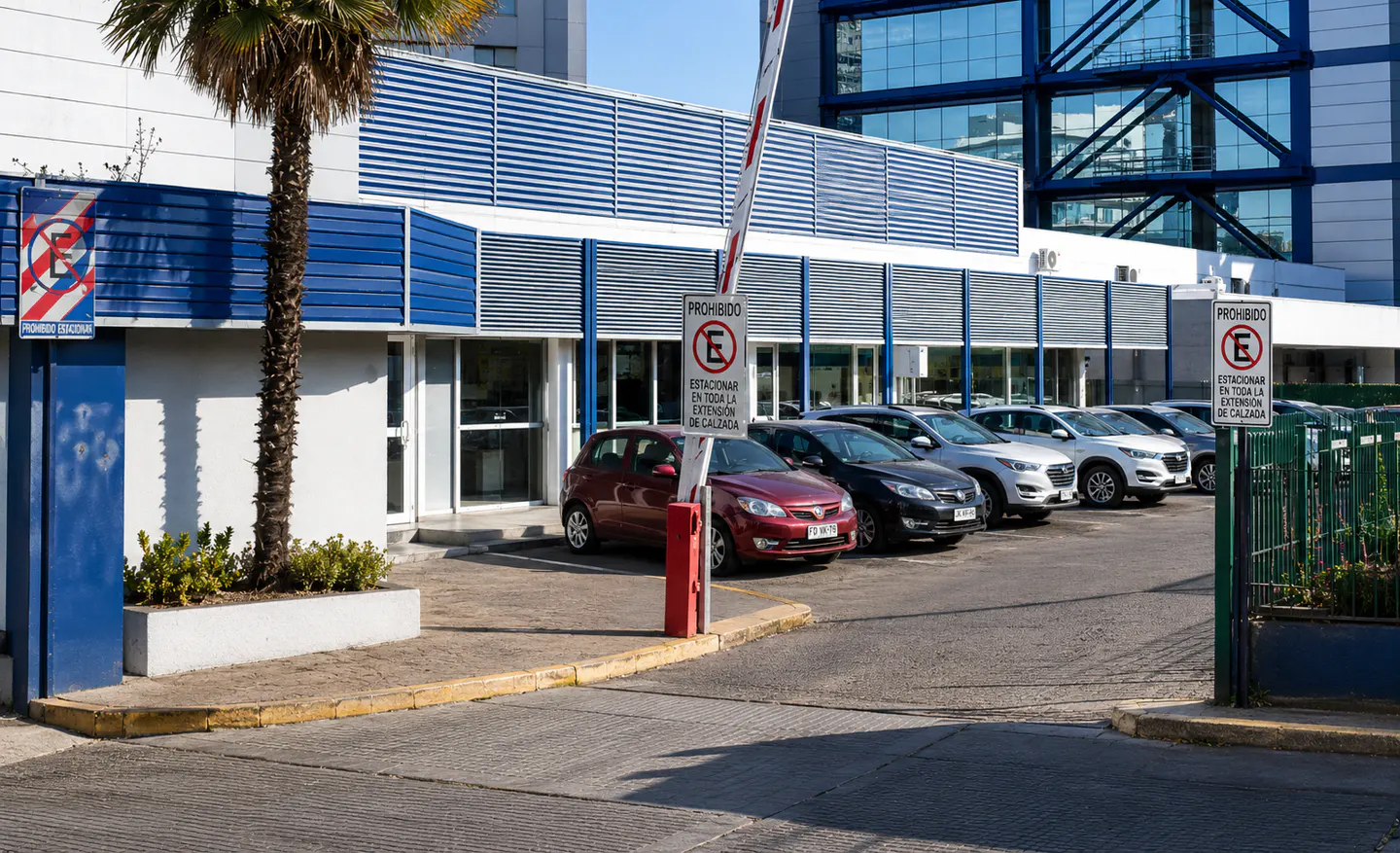 Cars parked in front of a modern blue and white office building with no-parking signs and a palm tree.
