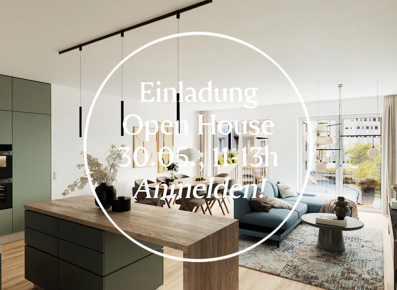 Open house invitation: Modern apartment interior with a green kitchen island, dining table, and blue sofa. Large windows offer a bright, airy feel.