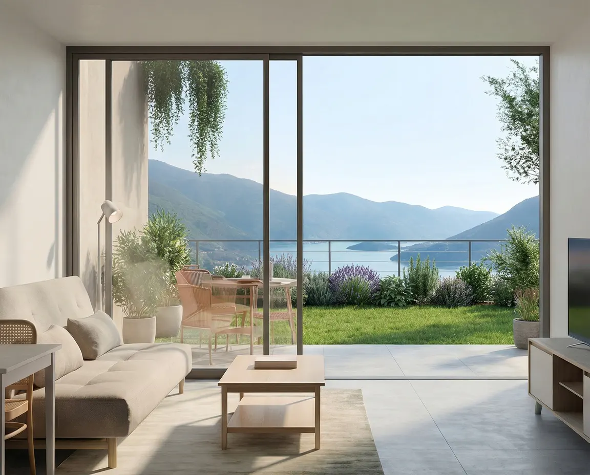 Living room with beige sofa, coffee table, and floor lamp. Sliding glass doors open to a patio with mountain and lake views.
