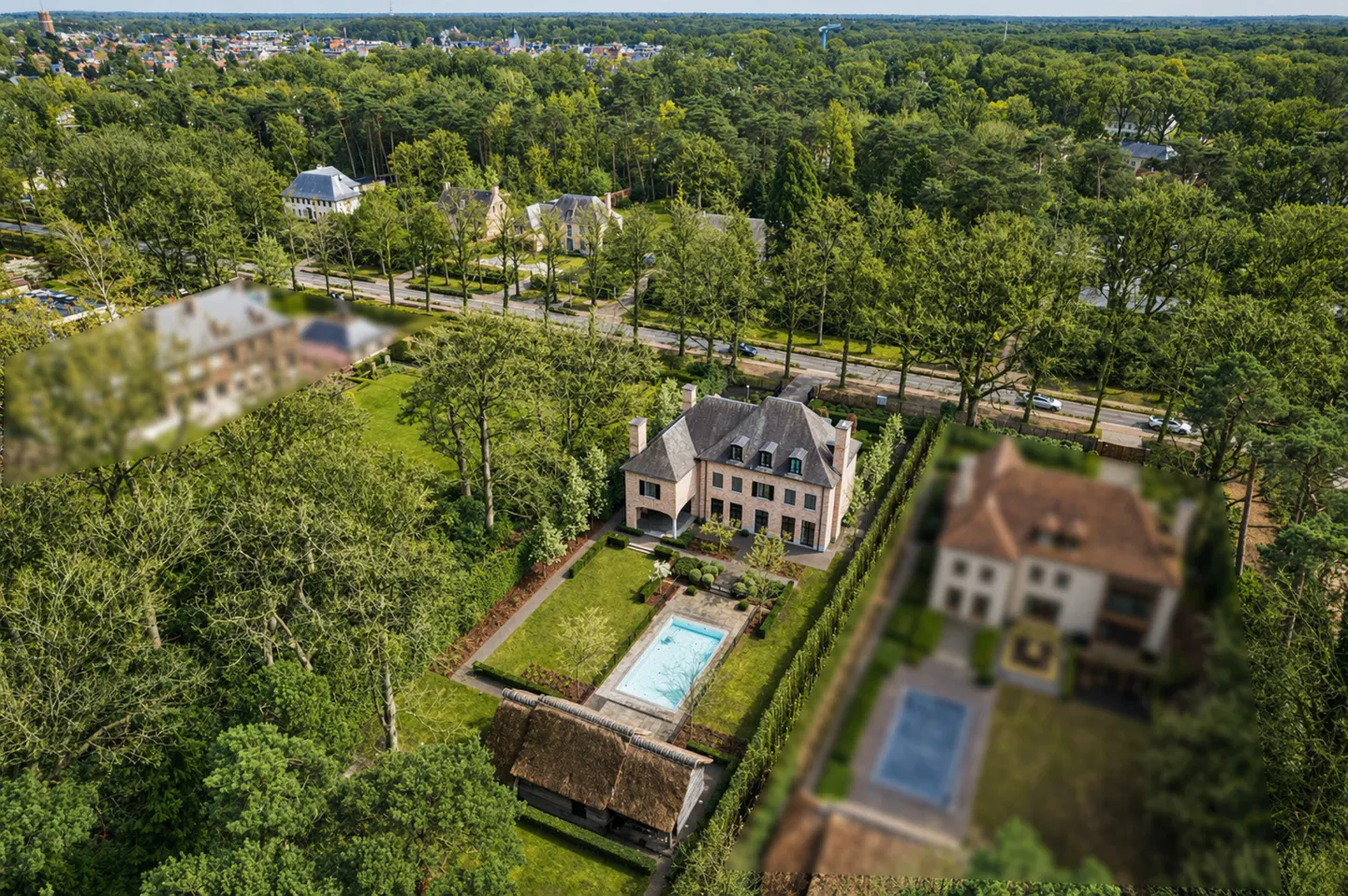 Aerial view of a large, light pink house with a gray roof, a pool, and a thatched-roof structure in a green, tree-filled neighborhood.