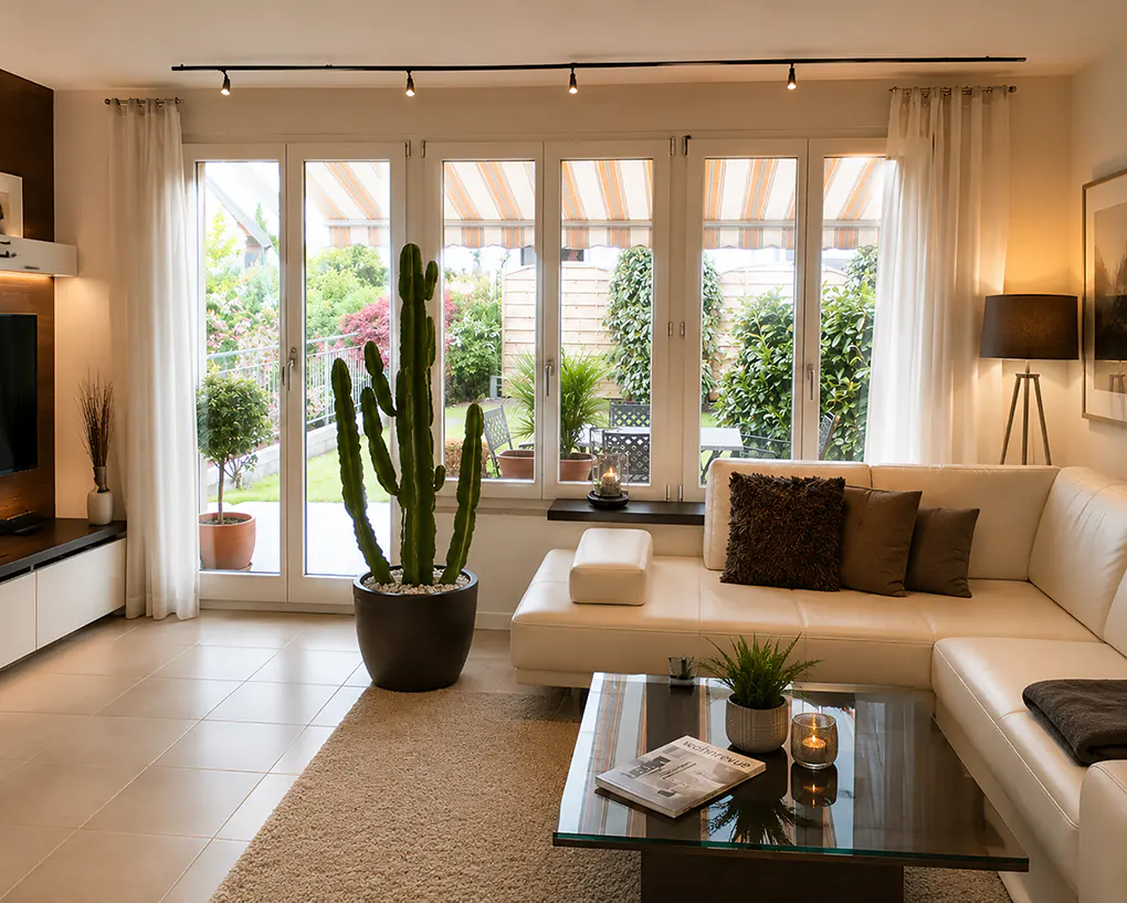 Bright living room with a white couch, glass table, and a large cactus near the patio doors.