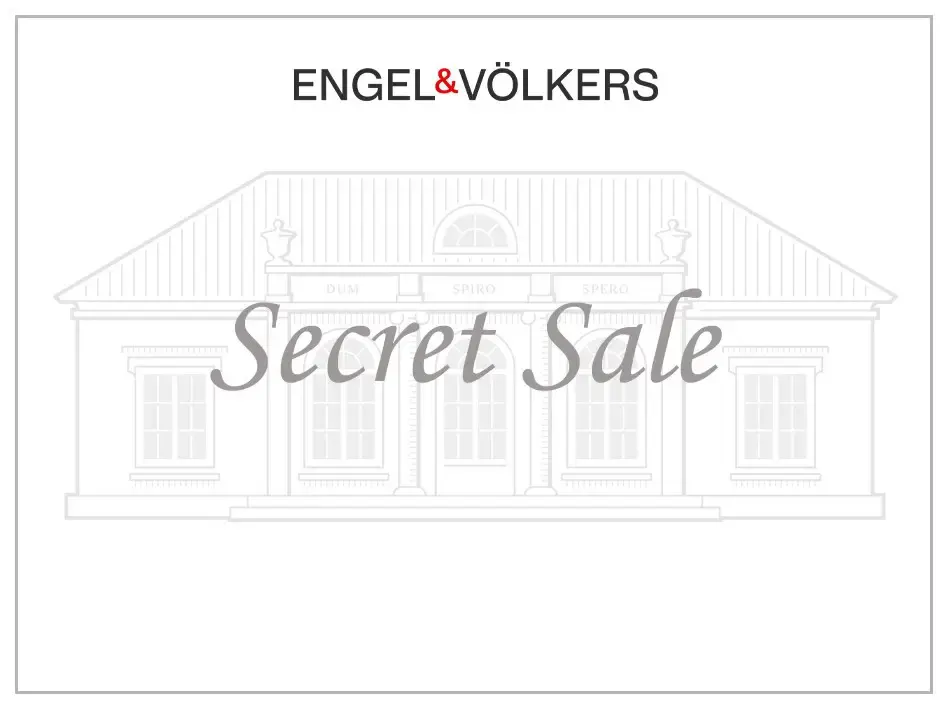 Engel & Völkers "Secret Sale" ad featuring a light gray sketch of a building with windows and a front door.