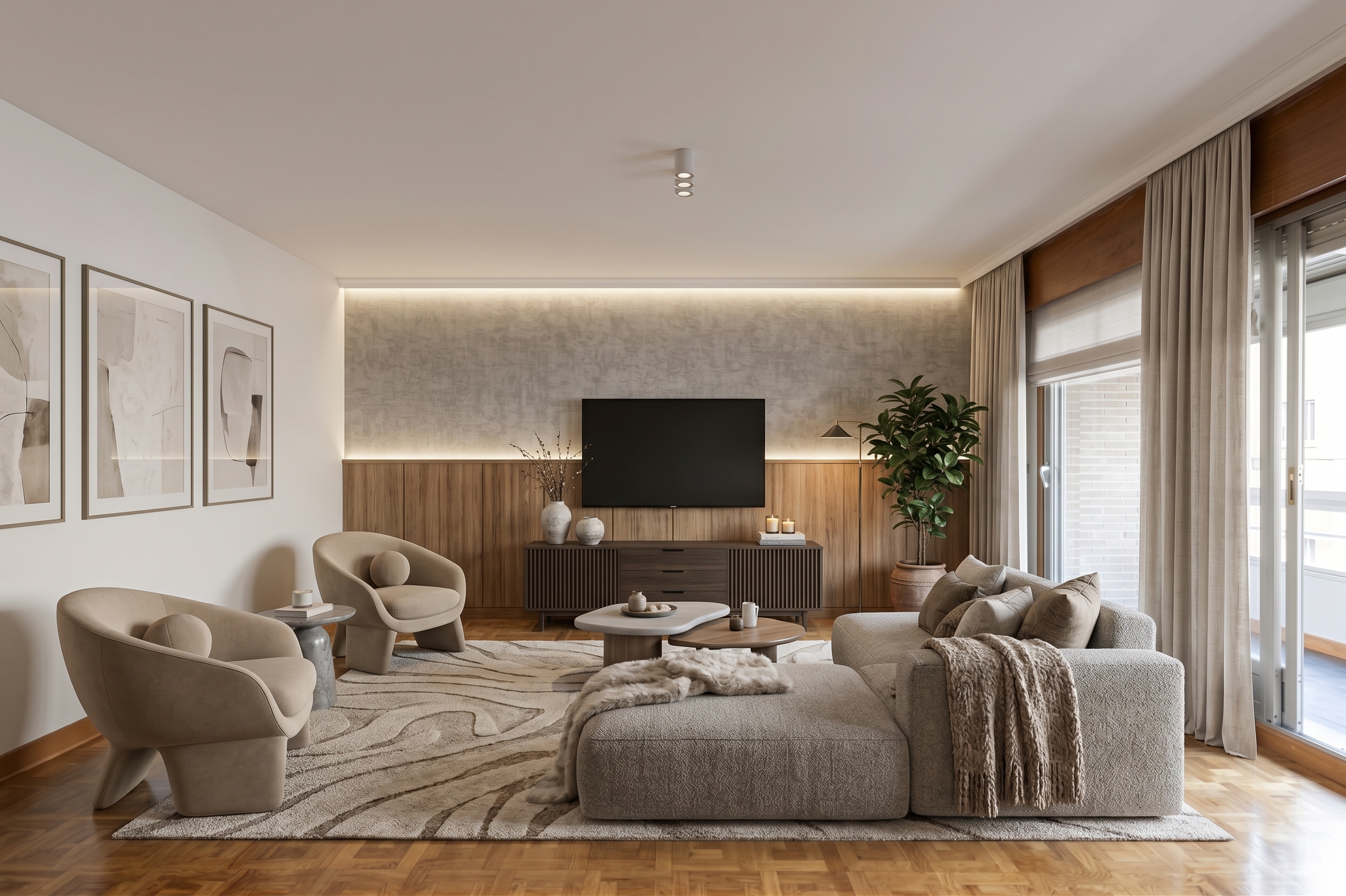 Modern living room with beige armchairs, a large sectional sofa, wood paneling, a wall-mounted TV, and a patterned area rug. [AI-generated text]